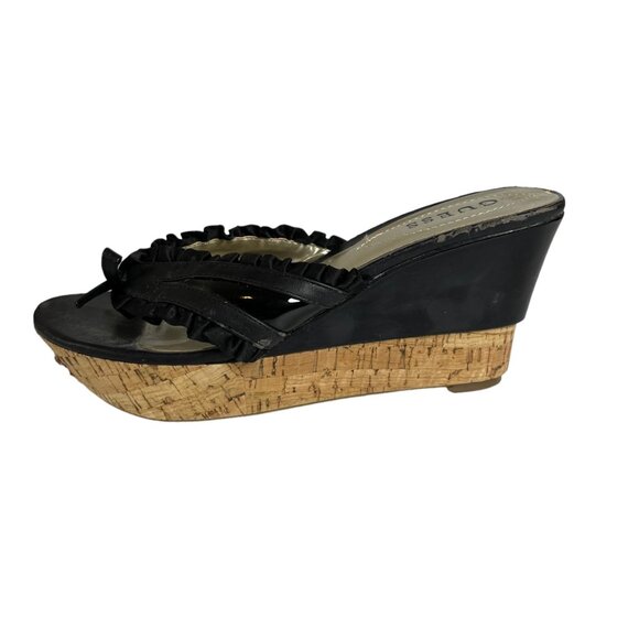 Guess Wedges Sandals Womens Size 8 Black Cork Shiny Summer - Picture 16 of 16